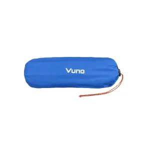 Blue Vuno hiking sleeping mat packed inside its compact storage bag with drawstring cord