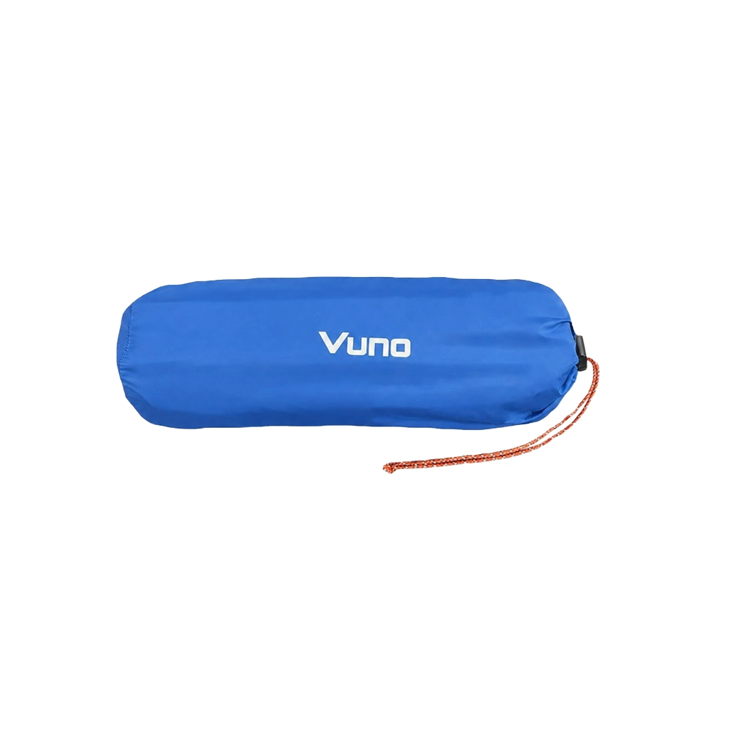 Blue Vuno hiking sleeping mat packed inside its compact storage bag with drawstring cord