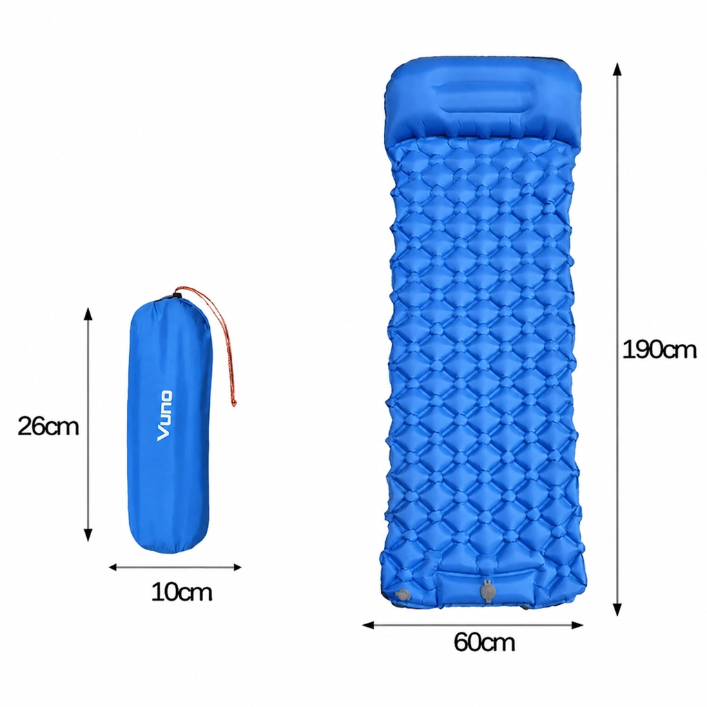Blue Vuno hiking sleeping mat shown inflated with 190 cm length, 60 cm width and 26 x 10 cm packed size