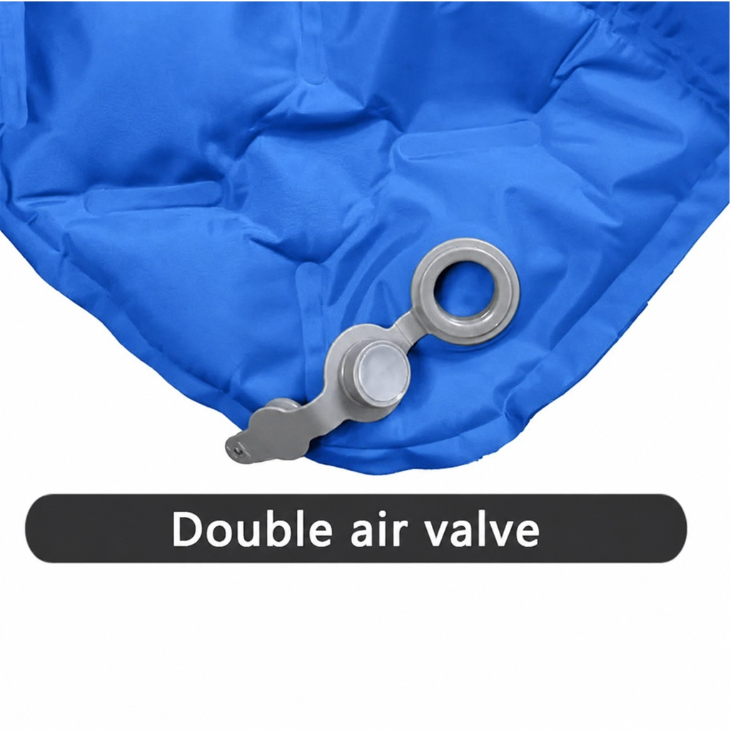 Blue hiking sleeping mat close-up showing the double air valve for inflation and deflation