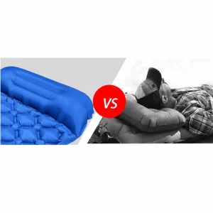 Blue hiking sleeping mat with built-in pillow compared with a separate inflatable pillow setup