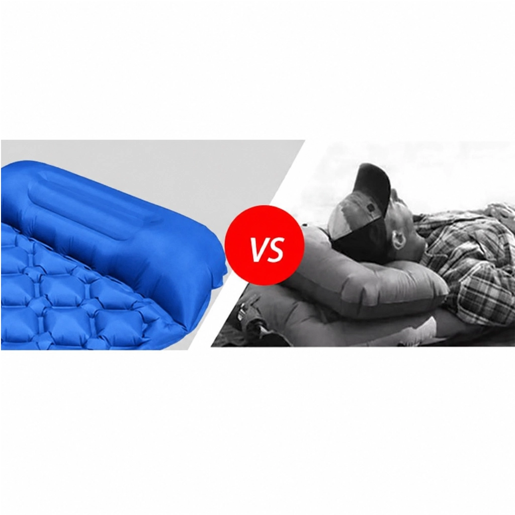 Blue hiking sleeping mat with built-in pillow compared with a separate inflatable pillow setup