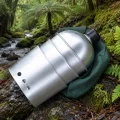 Canteen stove set nested together and packed beside a green storage bag in a forest setting