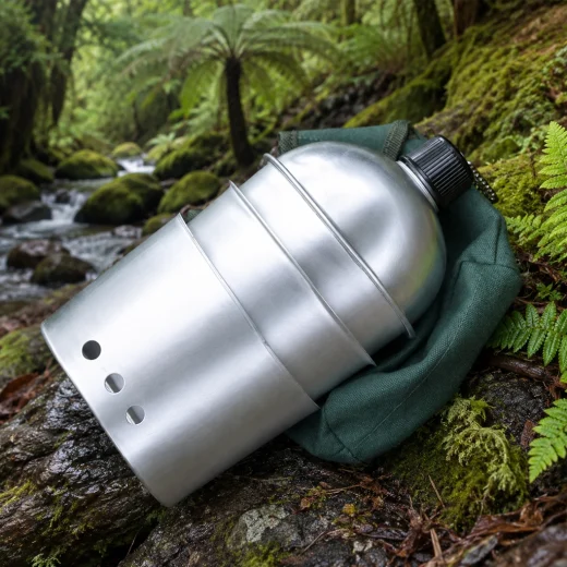 Canteen stove set nested together and packed beside a green storage bag in a forest setting