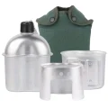 Canteen stove set showing silver canteen, cooking cup, stove body and green storage bag