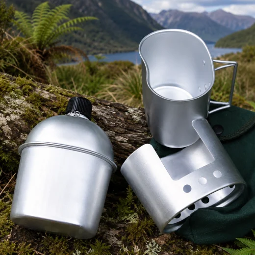 Canteen stove set with silver canteen, cup, stove body and green storage bag beside a lake and mountain view