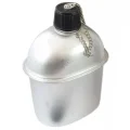 Close-up of silver canteen with black cap and chain for the canteen stove set