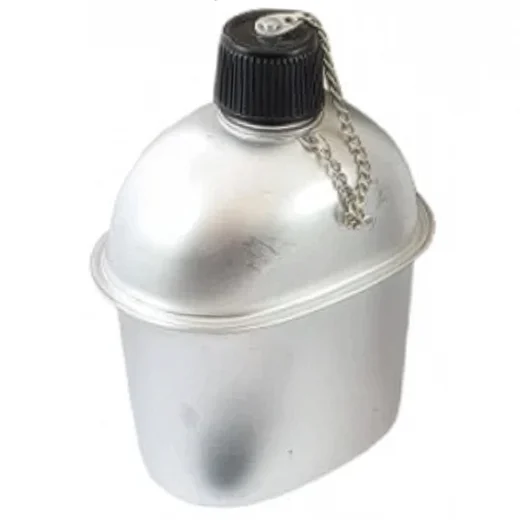 Close-up of silver canteen with black cap and chain for the canteen stove set