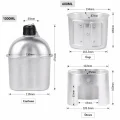 Dimension guide for canteen stove set showing 1000ml canteen, 600ml cup and stove measurements