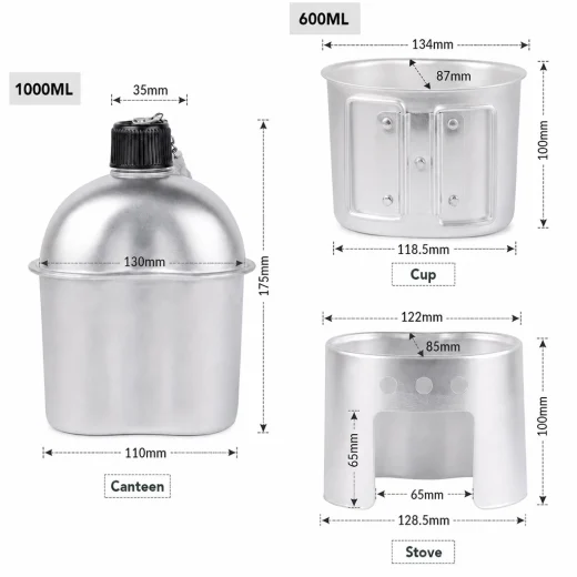 Dimension guide for canteen stove set showing 1000ml canteen, 600ml cup and stove measurements
