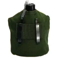 Silver canteen fitted inside a green fabric cover with black cap and retaining chain