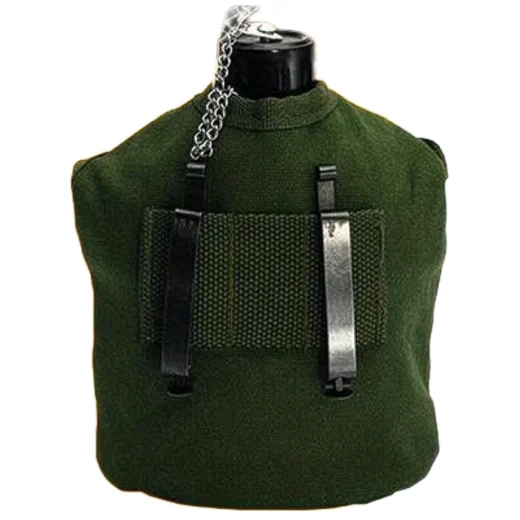 Silver canteen fitted inside a green fabric cover with black cap and retaining chain