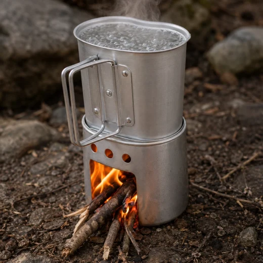 Silver cooking cup boiling water on a wood burning canteen stove outdoors