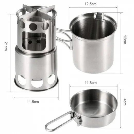 wood burner stove with pot and pan product measurements