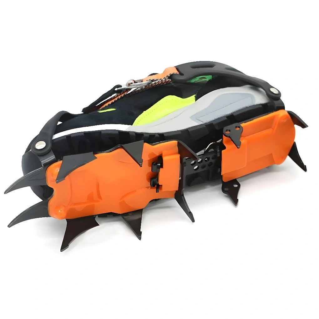 orange crampon fitted to shoe