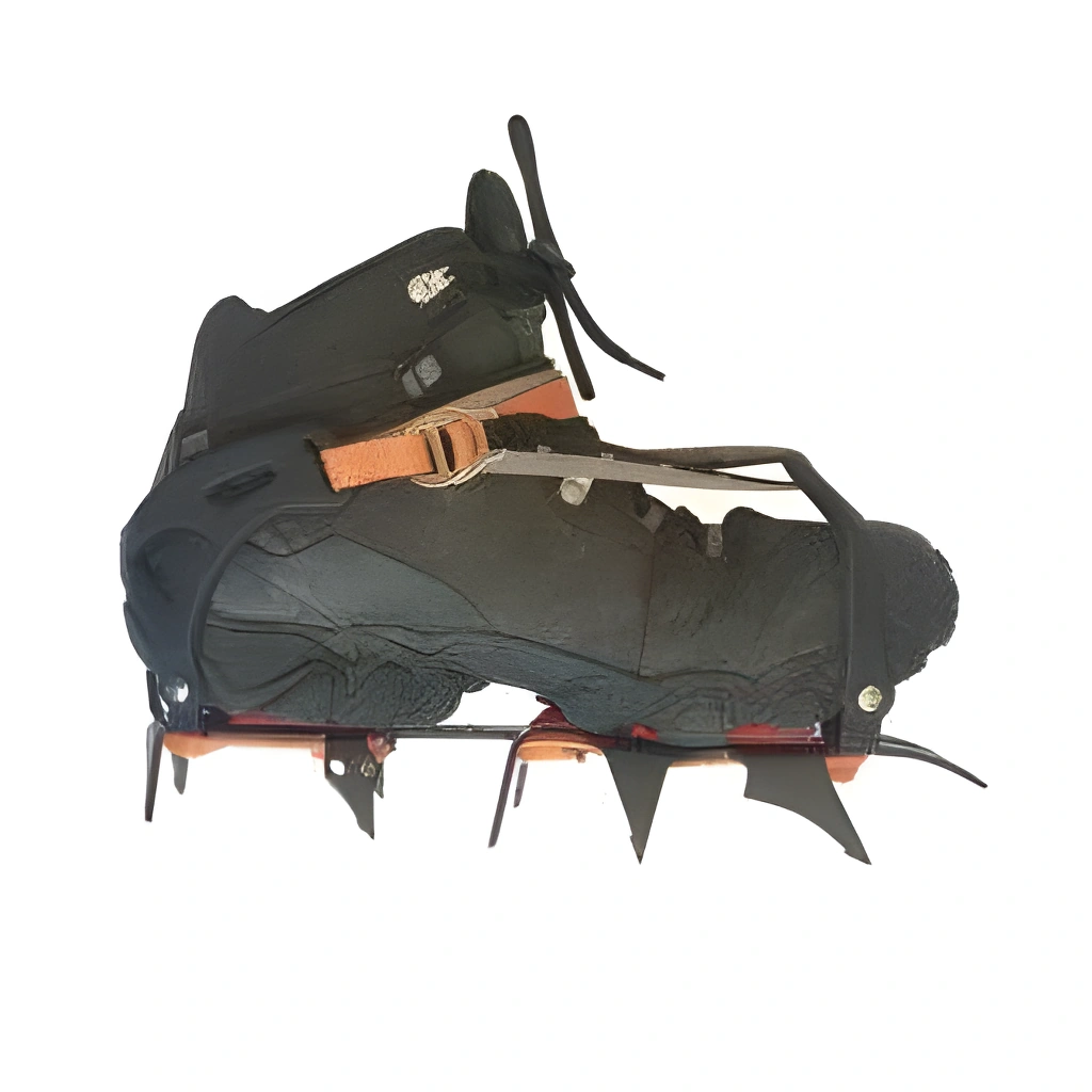 side view of vuno crampon with hiking boot attached