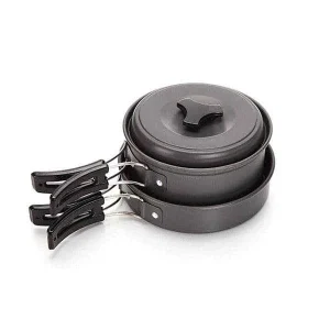 8 piece hiking cooking set pots and pans stacked