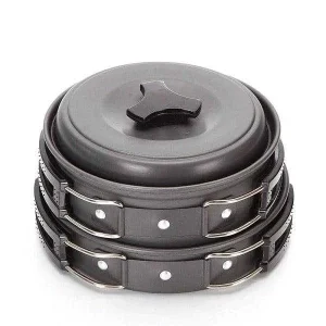 8 piece hiking cooking set pots and pans stacked handles folded