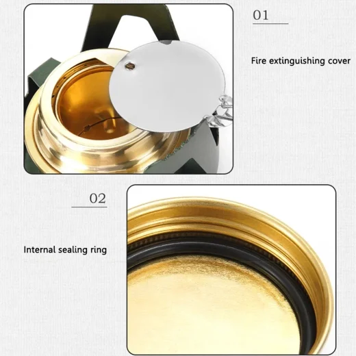 Alcohol stove burner with flame regulation cover and internal sealing ring shown in close-up
