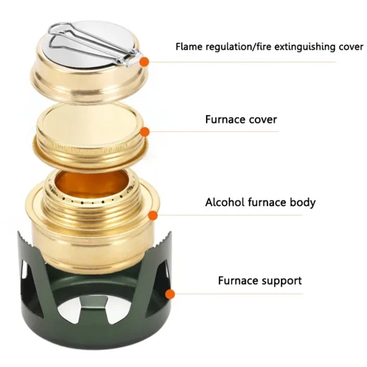 Alcohol stove components shown in an exploded view including cover, burner body and stove support