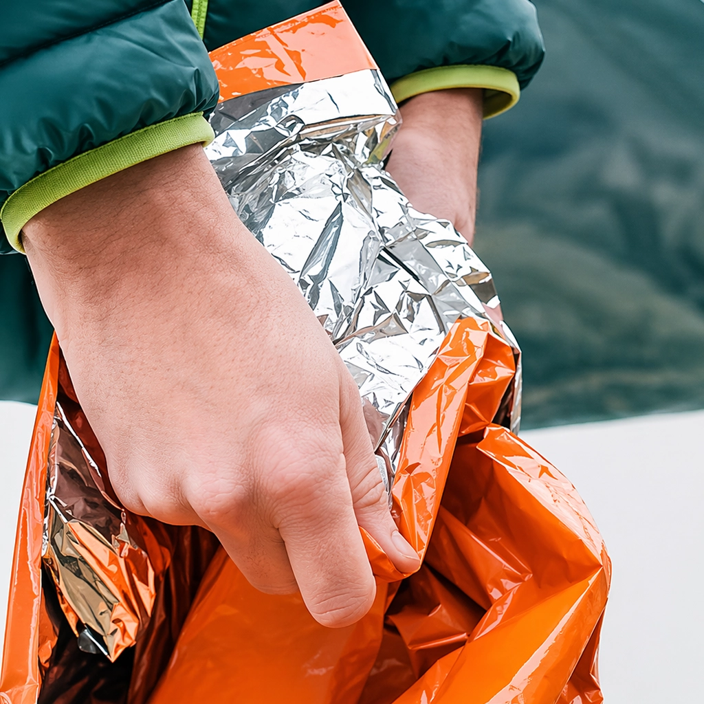Close-up of the reflective foil lining inside the orange survival bag