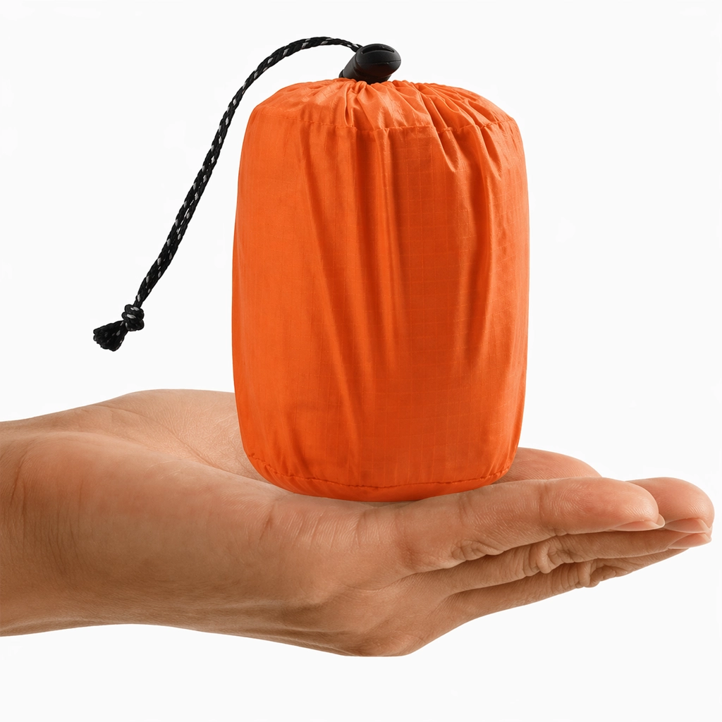 Orange storage sack for the survival bag shown in a hand