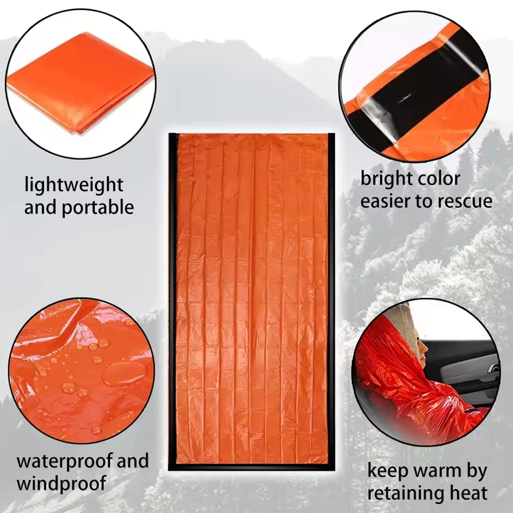 Orange survival bag feature graphic showing portability, waterproof use, heat retention, and bright colour