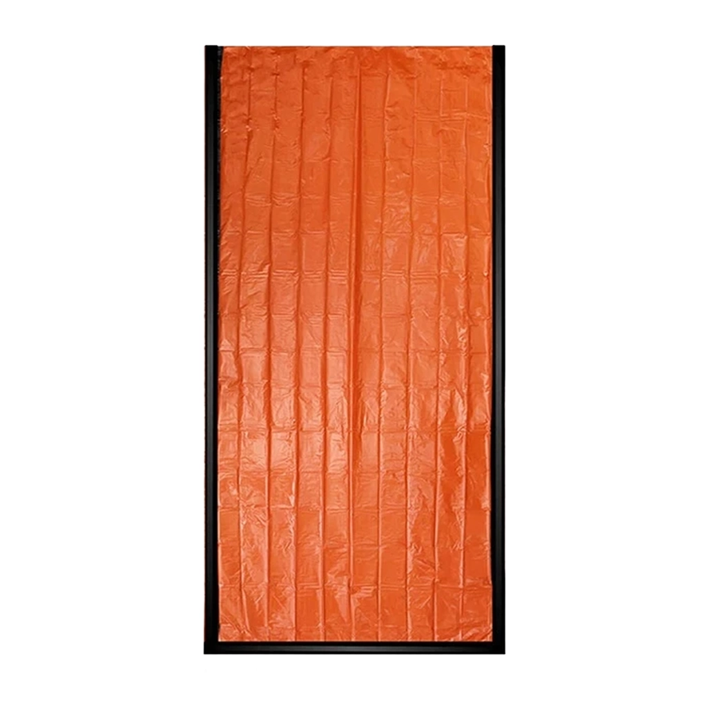 Orange survival bag laid flat with black edging