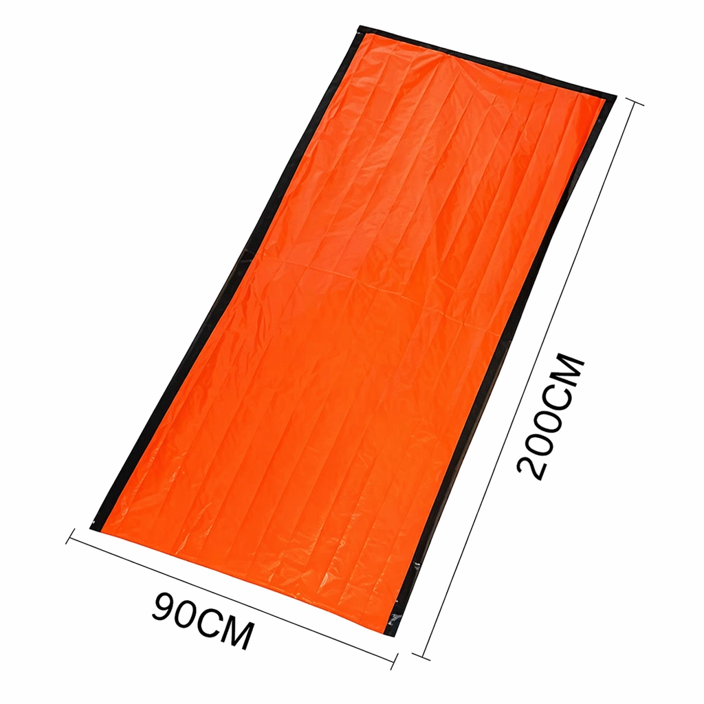 Orange survival bag with 200 cm by 90 cm size guide