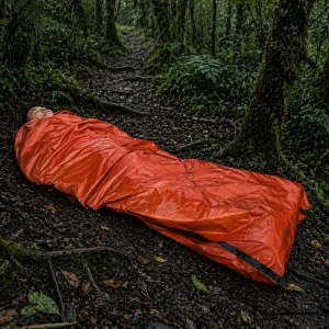 Person lying inside an orange survival bag on wet forest ground