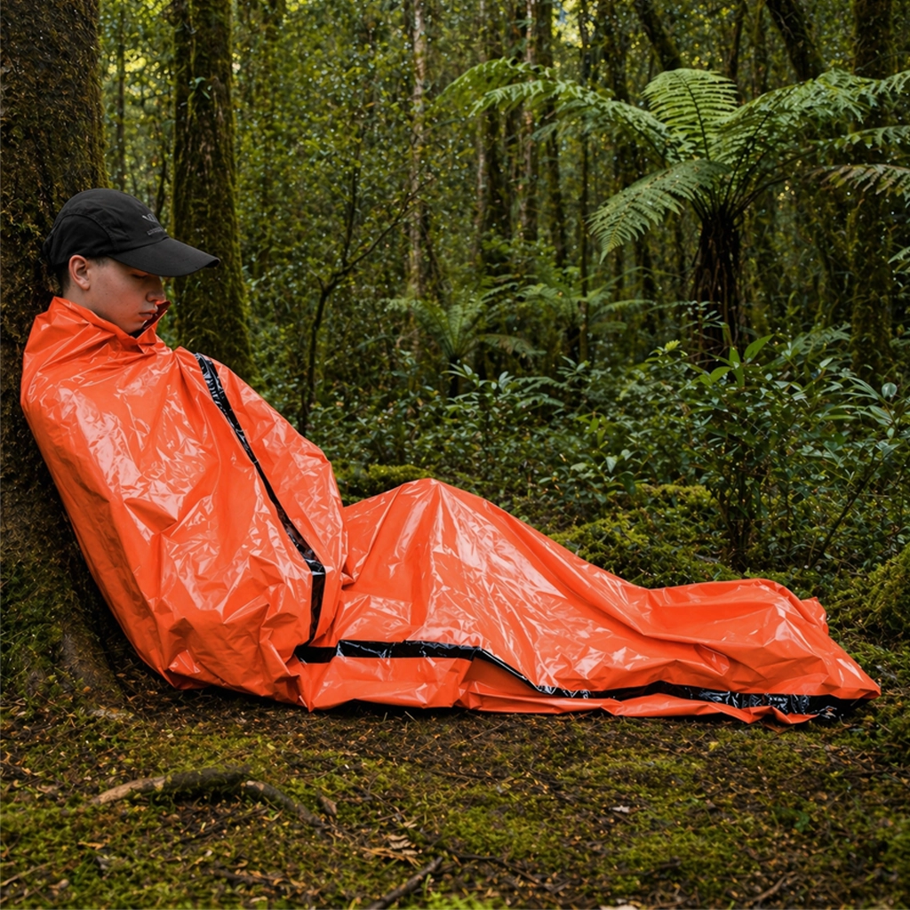 Person sitting in an orange survival bag in a bush setting