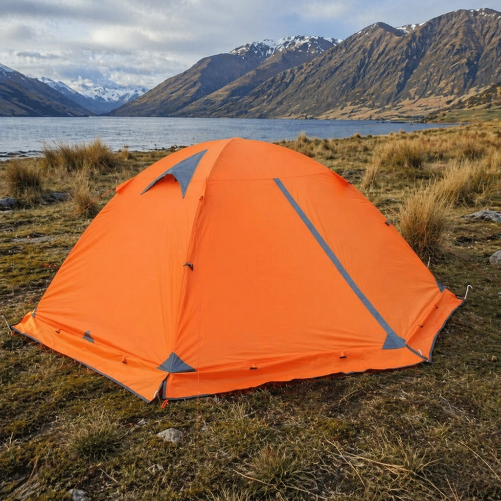 orange 4 season camping tent for 2 people used =next to a NZ lake