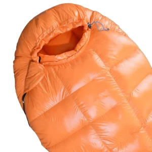orange sleeping bag with square baffles top close up
