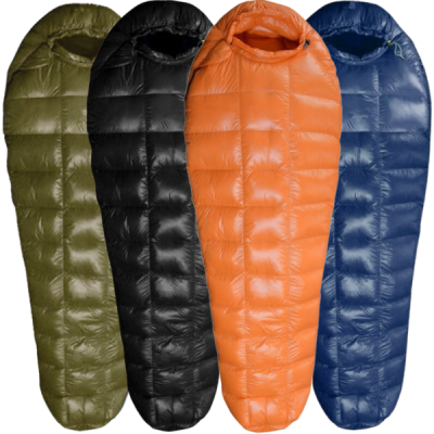 puffy goose down sleeping bags orange blue green and black