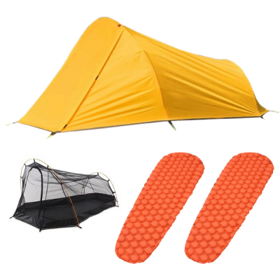 Two person tunnel tent with 2 ultralight mattresses