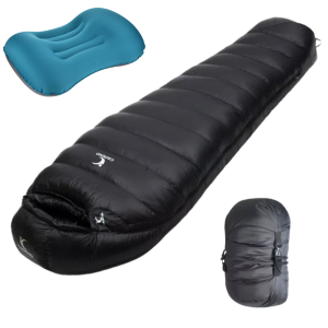 black down sleeping bag with blue ultralight weight pillow