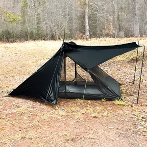 Versa2 Hiking Pole Tent with additional 2 hiking poles adding ventalation on a hot day