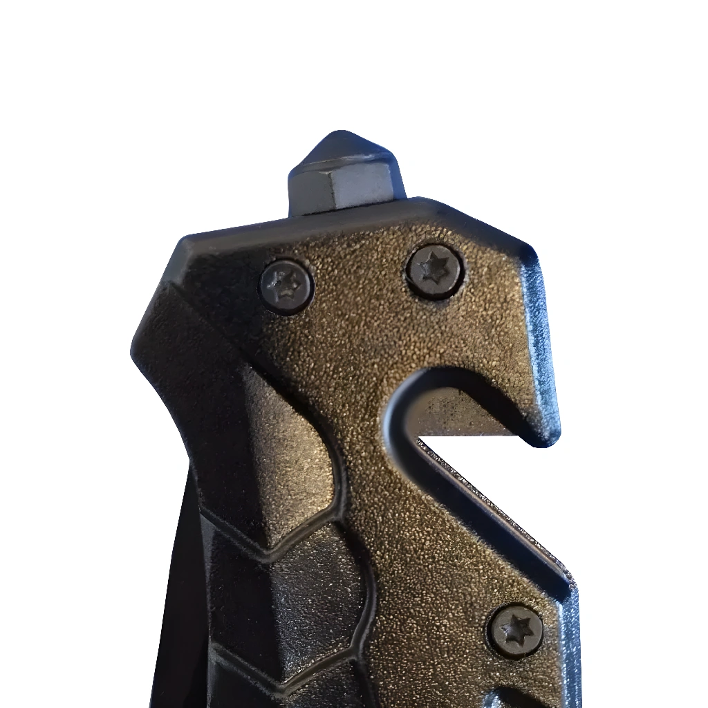 image showing belt cutter and glass breaker on black folding knife