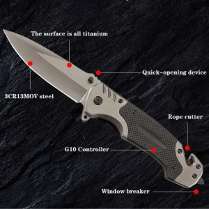 Pocket knife emergency break glass and seatbelt cutter exploded features