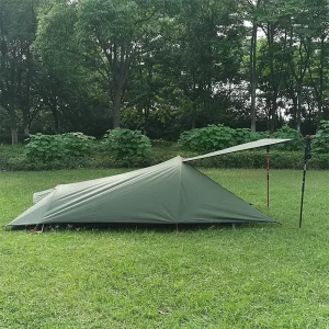 front door open with two hgiking poles