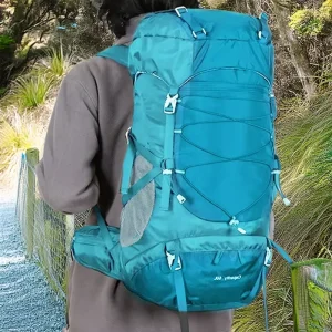 blue lightweight pack on the back of a person
