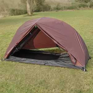 brown Lightweight Hiking Tent on grass entrance view