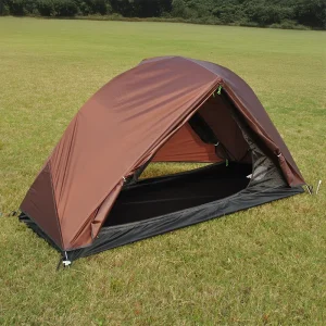 brown vuno hightop with door open with tent on the grass