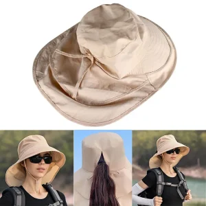Beige Womens Hiking Hat With Ponytail Hole and Neck Flap