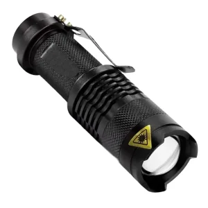 Black LED Flashlight Compact Zoom Torch with CREE Q5 Emitter Weatherproof Design