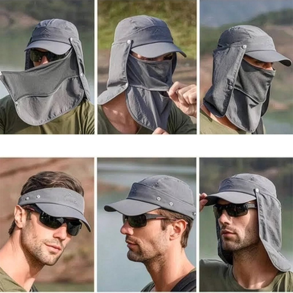 Grey Cap with Neck Flap and Face Cover Showing all configurations