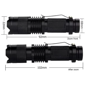 LED Torch product dimensions with and without zoom