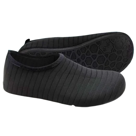 Pair of black aqua shoes with stretch fabric uppers and a patterned sole marked size EU 38–39