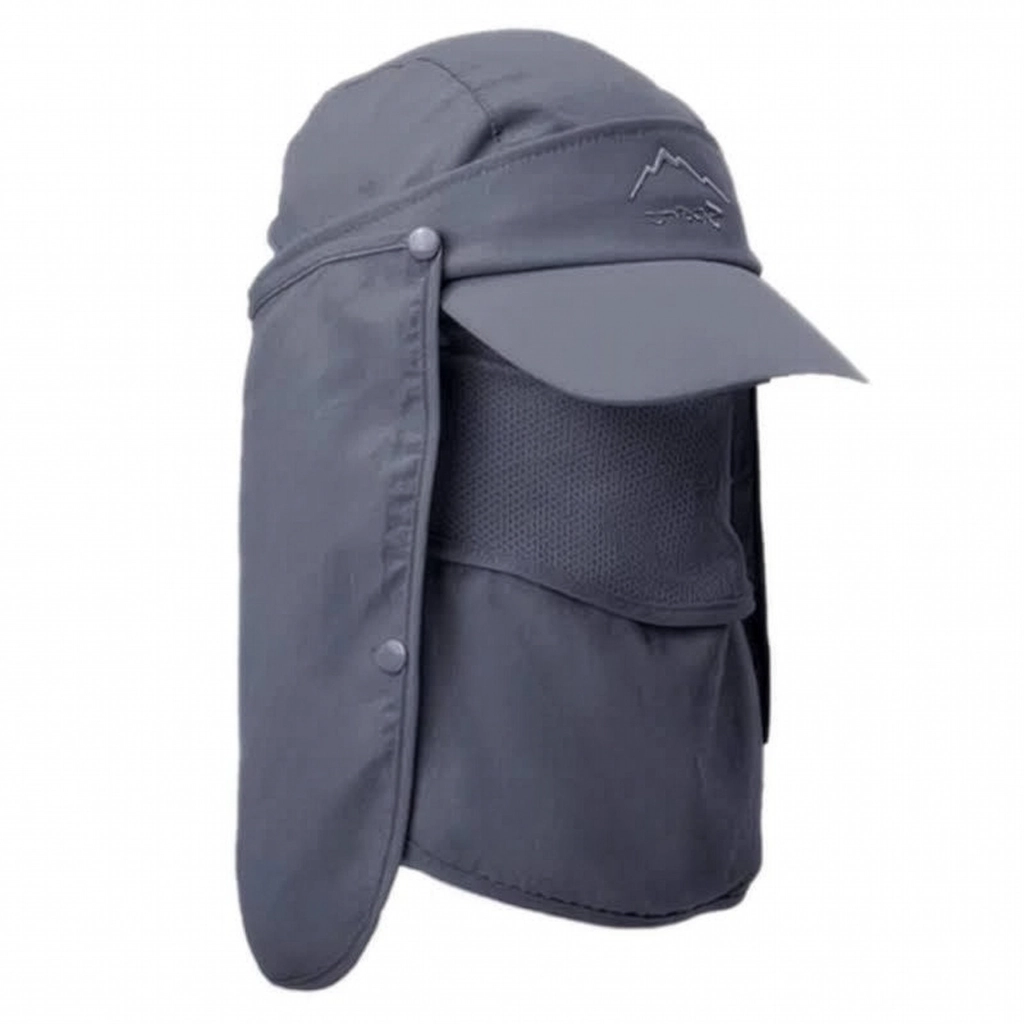 components of grey sun cap with face cover and full neck cover