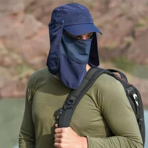 man wearing navy blue sun hat with neck protector